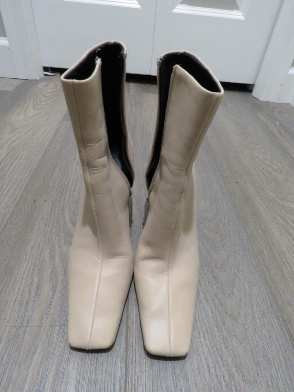 Mango Cream Square-Toe Mid-Calf Heeled Boots